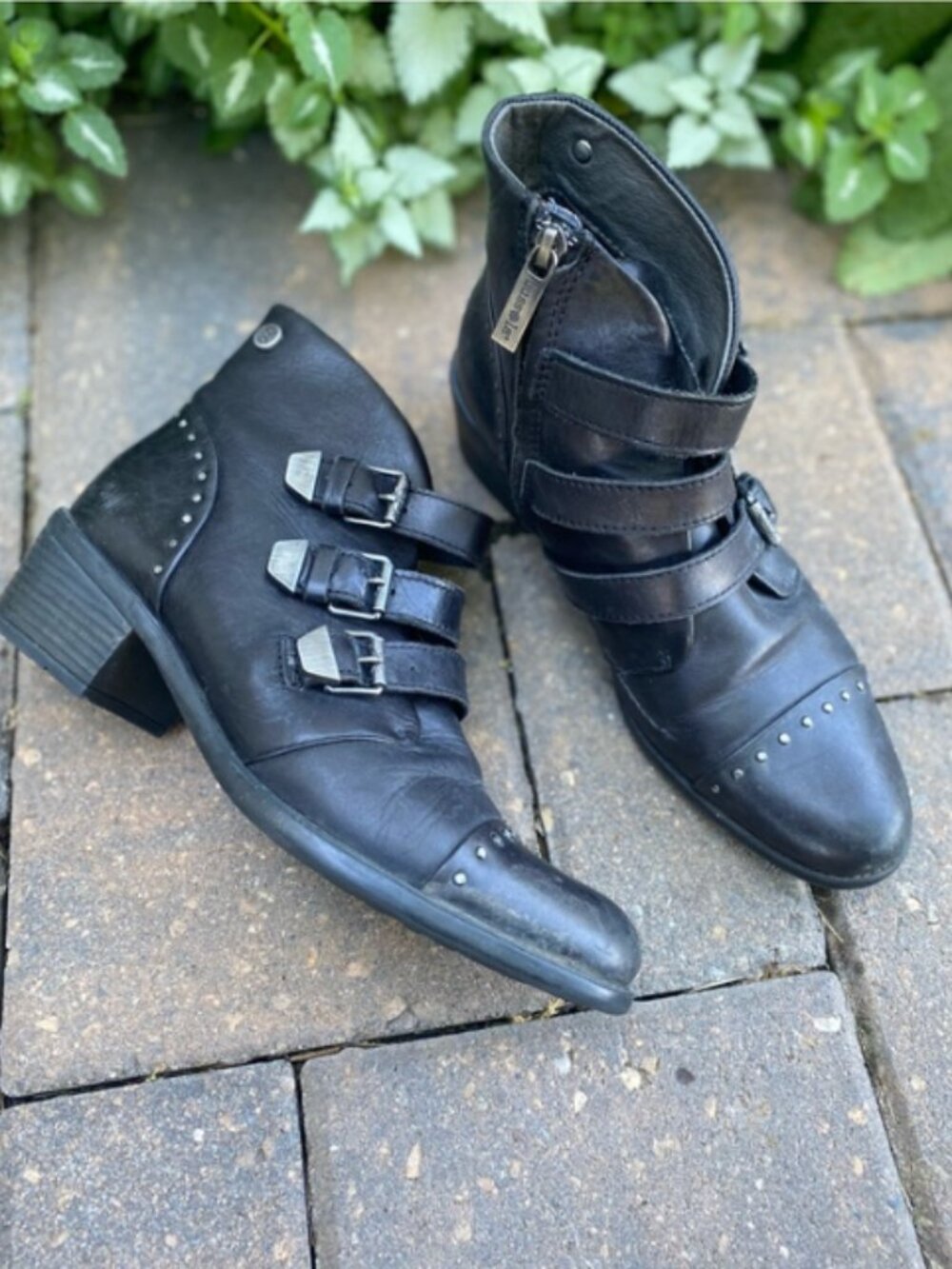 Bussola Antwerpen Black Leather Triple Buckle Studded Boots 39 Summer Sale